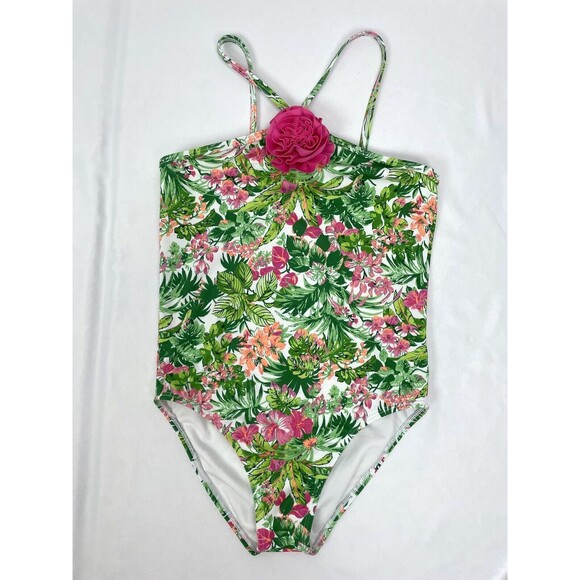Janie & Jack Girl 10 One Piece Swimsuit Green Floral Tropical Flower - Picture 1 of 4